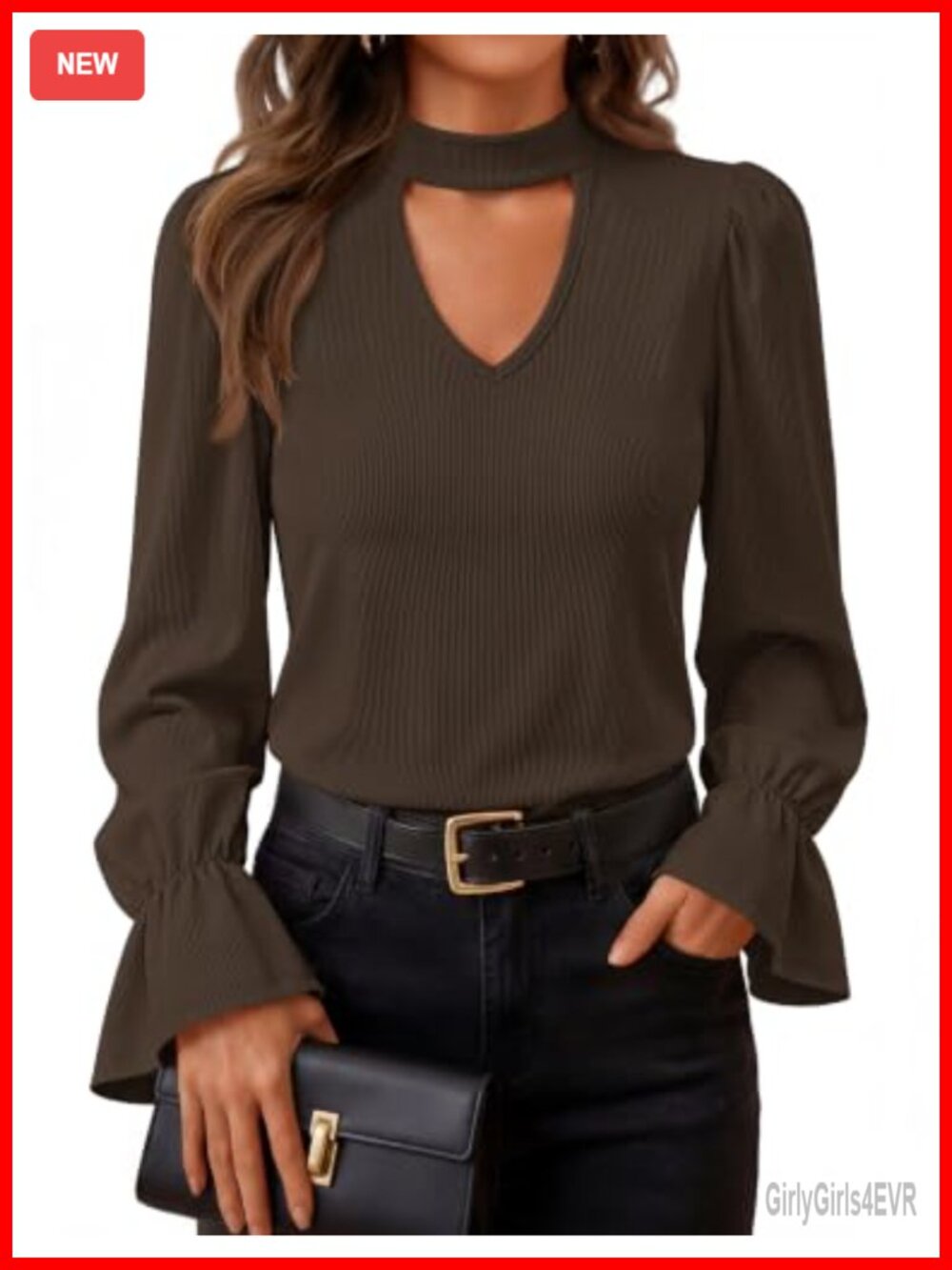 Womens Cutout Mock Neck Puff Long Sleeve Ribbed Knit Blouse Top